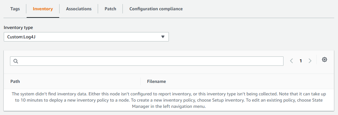 The Inventory tab of a managed node in the Fleet Manager console with the Custom:Log4J inventory data type selected.