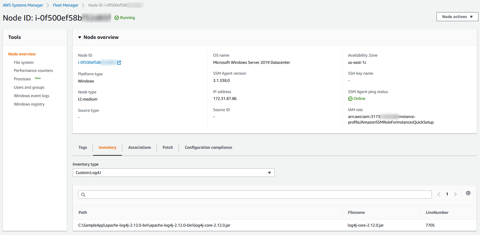 Managed instance inventory details in the Fleet Manager console showing the custom Inventory metadata gathered. 
