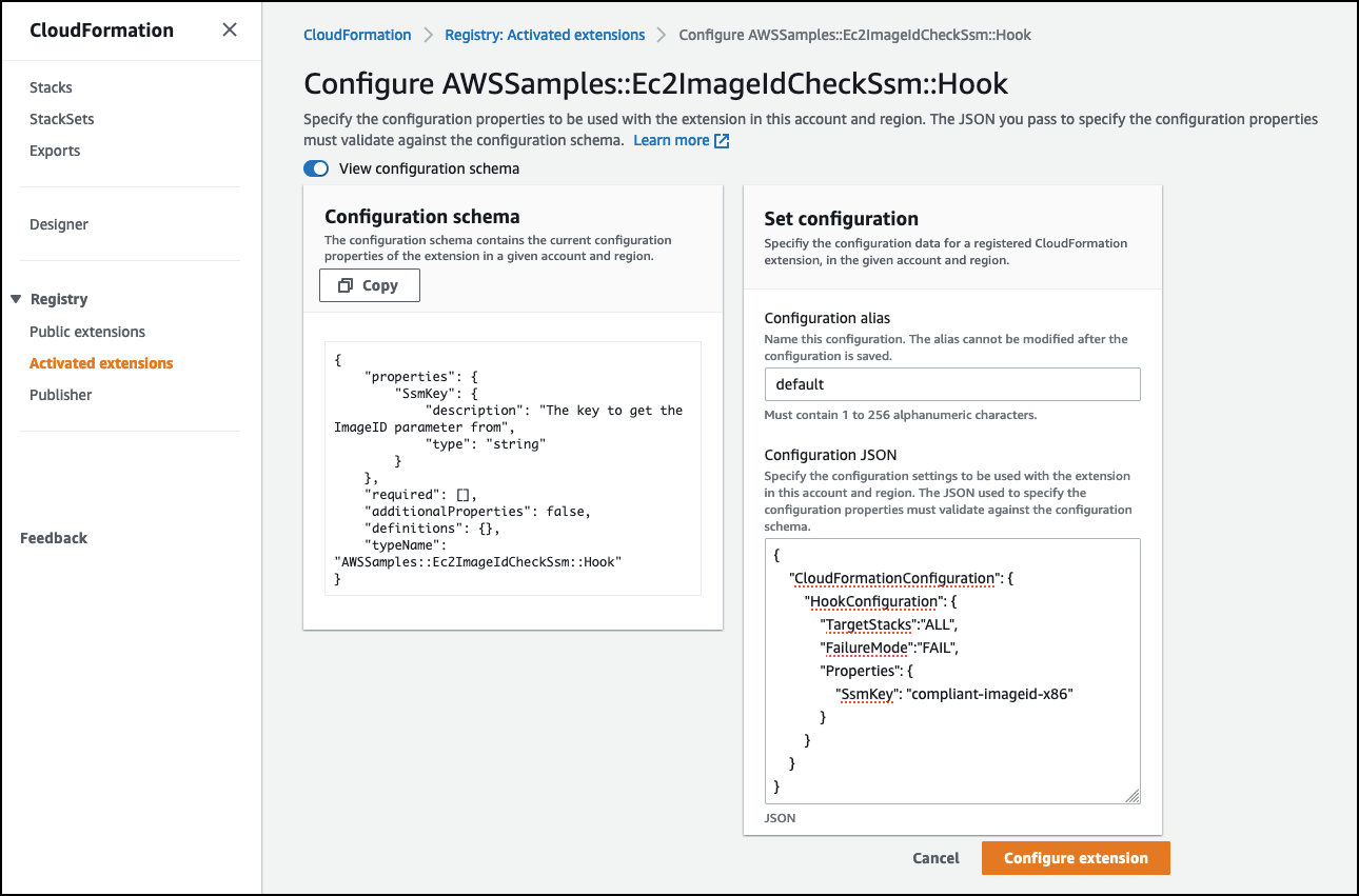 Ec2ImageIdCheckSsm hook configuration page. The configuration schema is displayed. Fill in the Configuration alias and Configuration JSON.