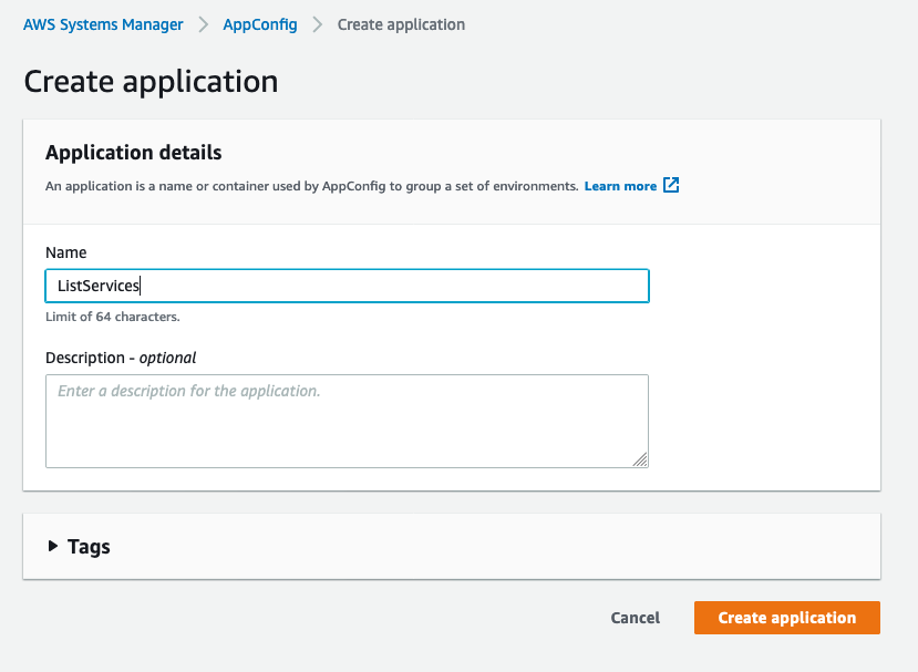 On Create Application step, provide a name and select Create Application.
