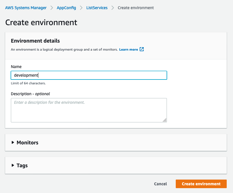 On the Create Environment step, provide a name and select Create environment.
