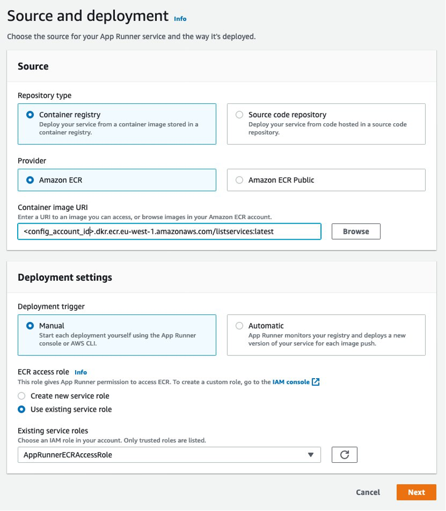 In the AWS App Runner console, provide all of the details about the application source and deployment type as described in this post to deploy our sample application.