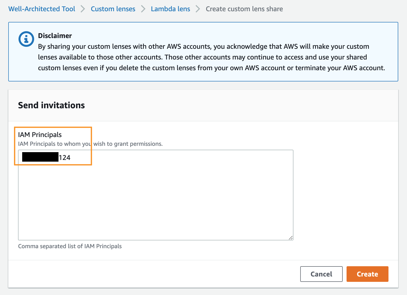 Create custom lens share wizard with AWS Account ID entered for IAM Principals
