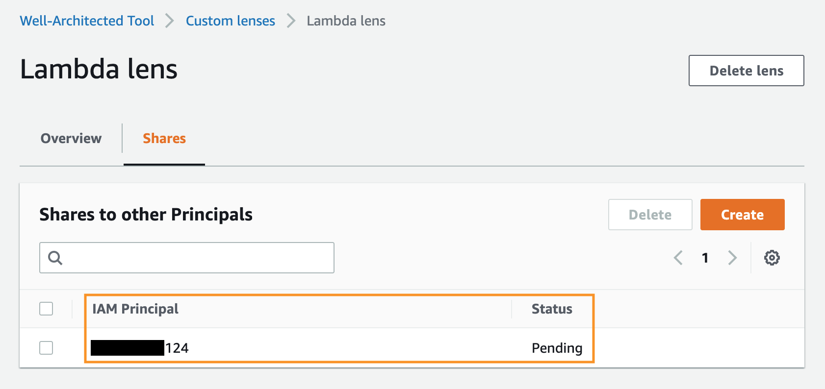 Status of the custom lens share is Pending