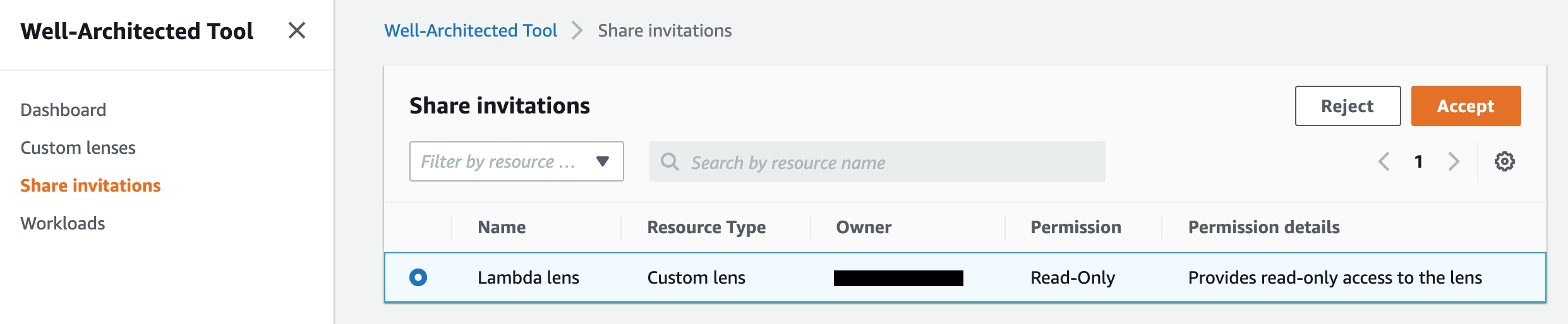 Custom lens share invitation on the second AWS account