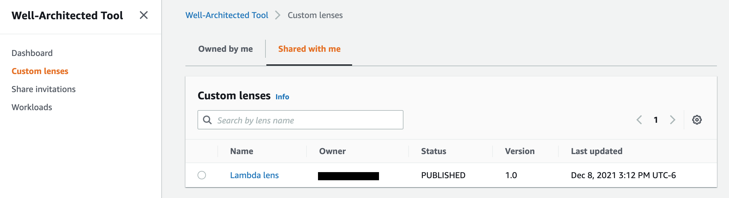 Custom lens shared listed under "Shared with me" tab on the custom lenses section of the AWS WA Tool on the second AWS account