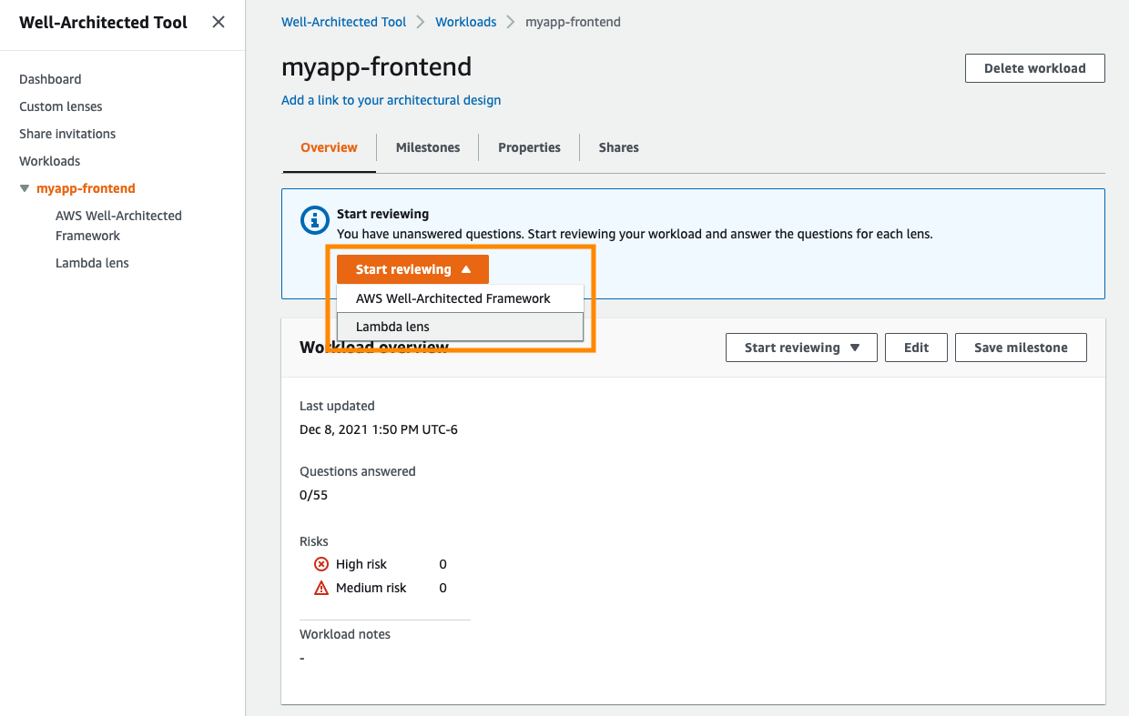 Start reviewing the workload using the custom lens