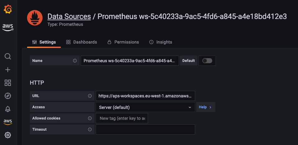 Amazon Grafana Dashboard with connected Amazon Prometheus data source
