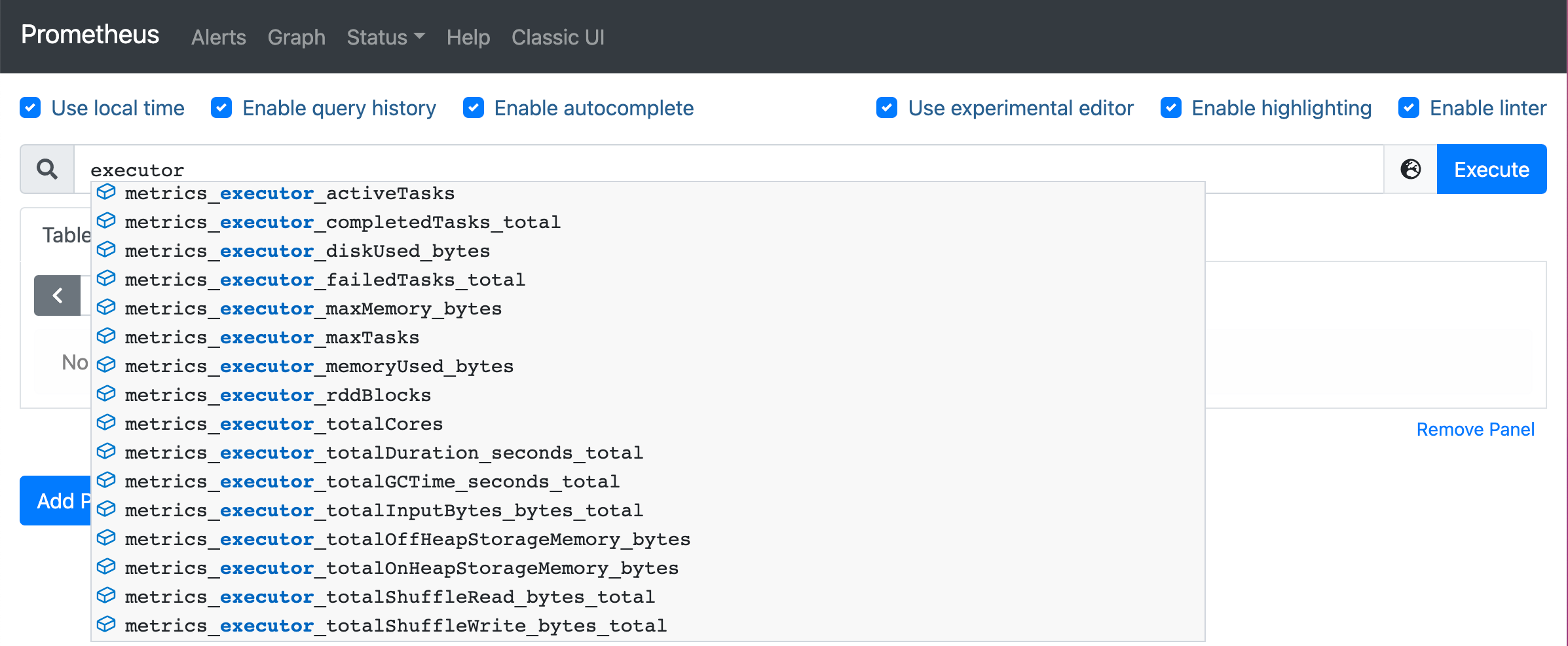 Spark executor metrics in Prometheus server Web UI