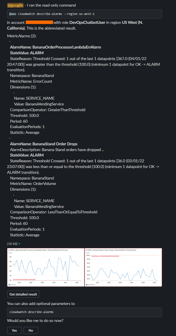 AWS Chatbot runs the AWS CLI command and displays the details of two Amazon CloudWatch alarms. The alarm details also show the metric trend graphs.