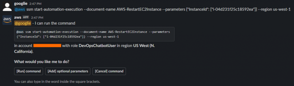 This Slack interaction shows an example of running an AWS Systems Manager automation runbook with an AWS CLI command.