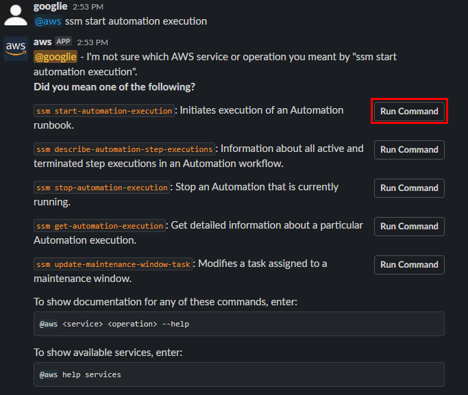 AWS Chatbot is recommending AWS CLI commands based on the user input. A “Run command” button is displayed next to each AWS CLI command recommendation. The top matching recommendation says, “ssm start-automation-execution: Initiates execution of an automation runbook.”