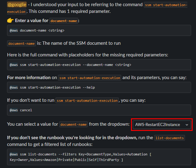 This Slack interaction shows an example of requesting and prompting automation document name. The document-name drop-down shows a list of runbooks.