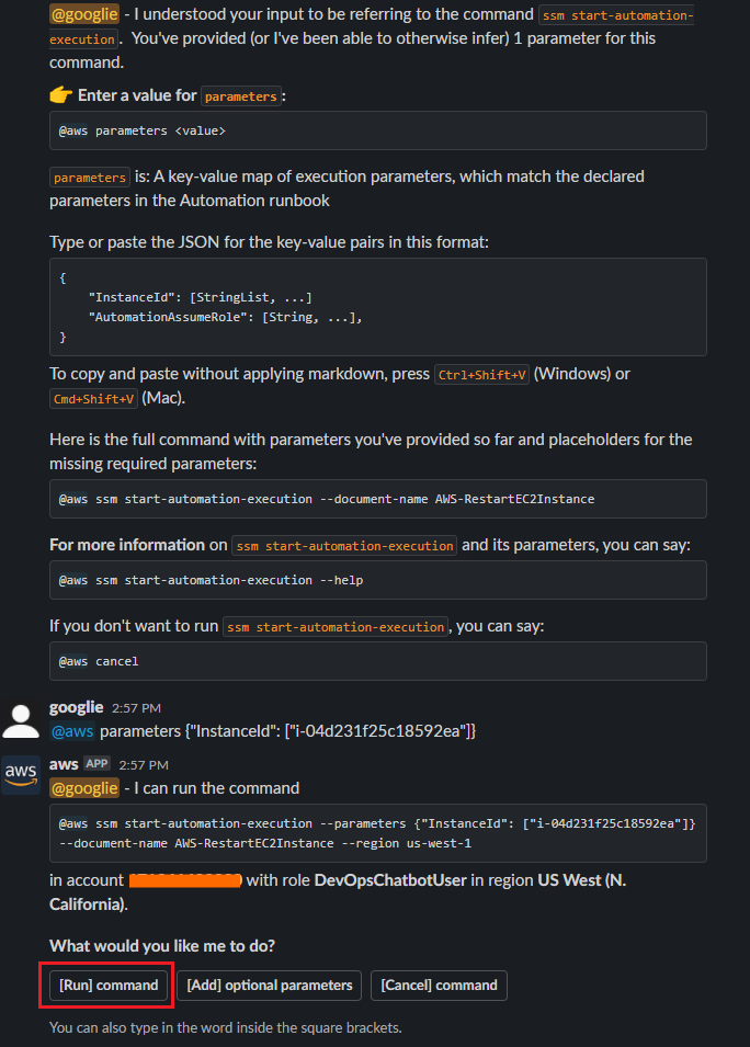 The Slack notifications show the output of automation runbook steps as the runbook execution progresses.