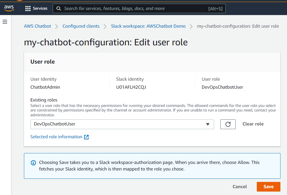 The AWS Chatbot console page is requesting the user to select an IAM user role. The Slack identity of the Slack user who is initiating the user role selection is also displayed.