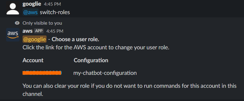 The Slack interaction for switching a role for a user is displayed. AWS Chatbot is requesting the user to select a link to select an IAM role for the configured AWS account.