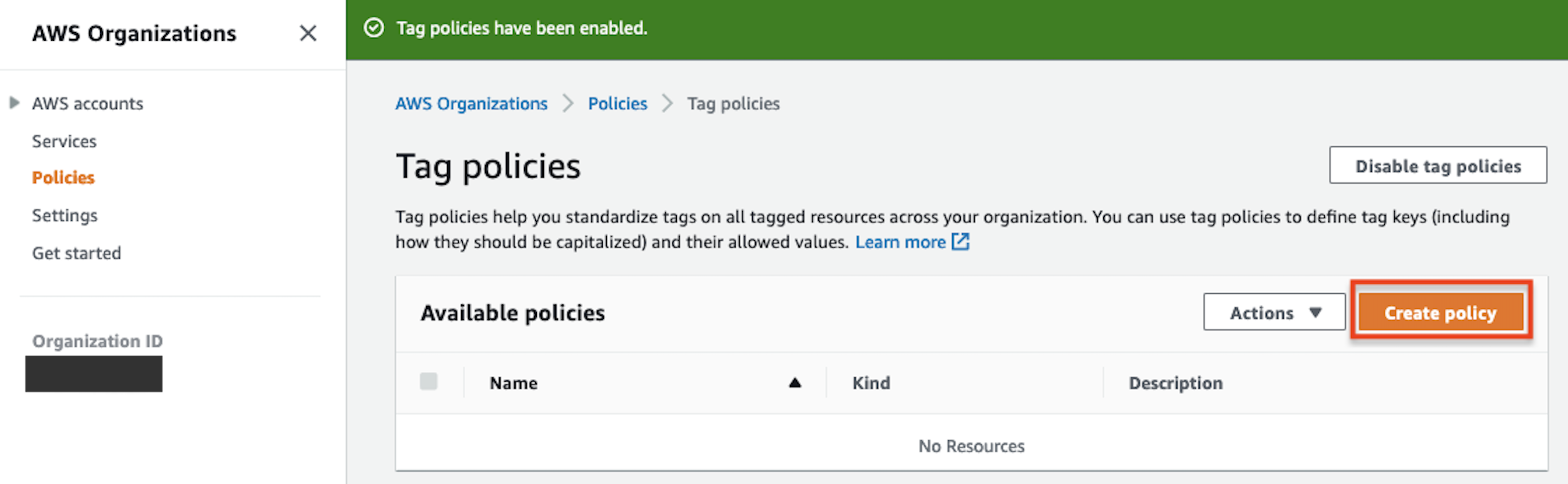 Demonstration of initiating a tag policy creation by choosing Create policy