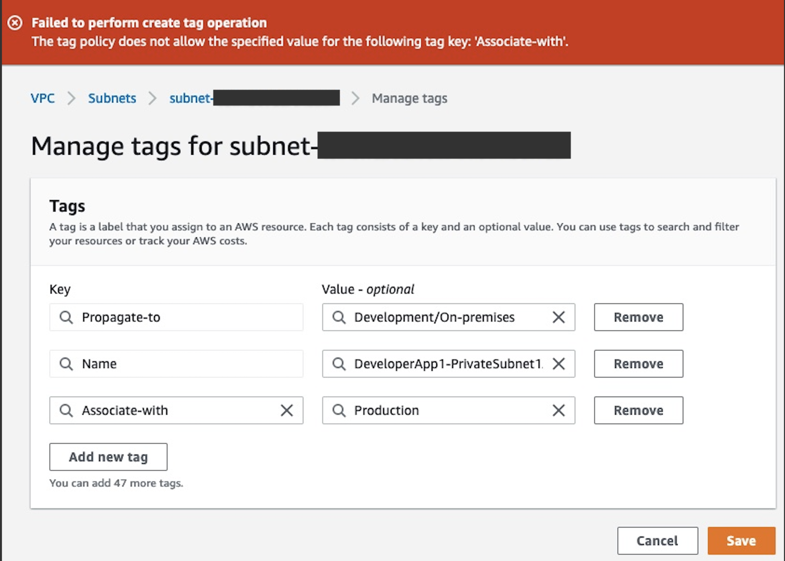 Demonstration of modifying Associate-with tag key with incorrect value of Production and a failure notification.