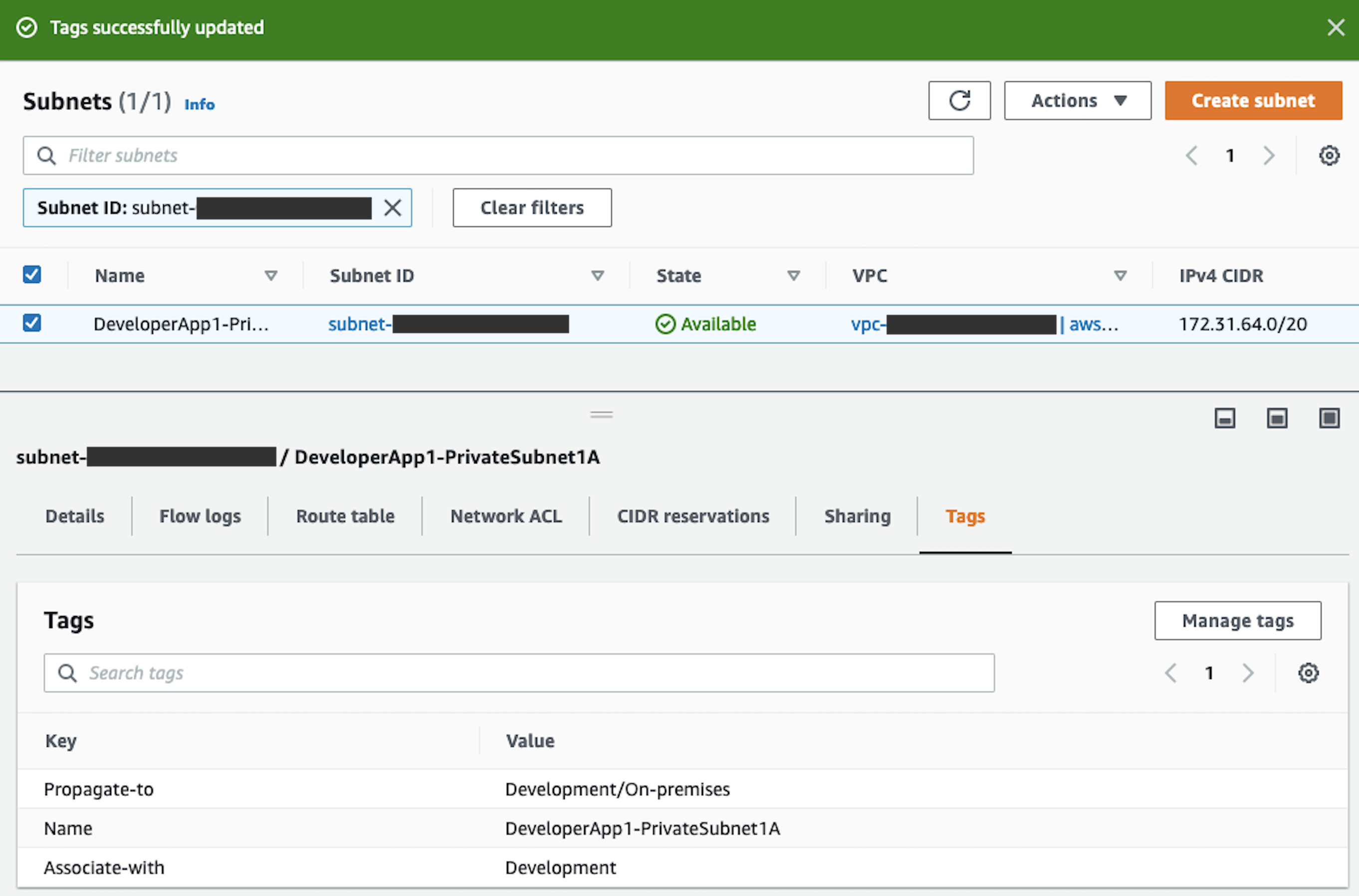 Demonstration of modifying Associate-with tag key with correct value of Development and a confirmation of successful tag update.