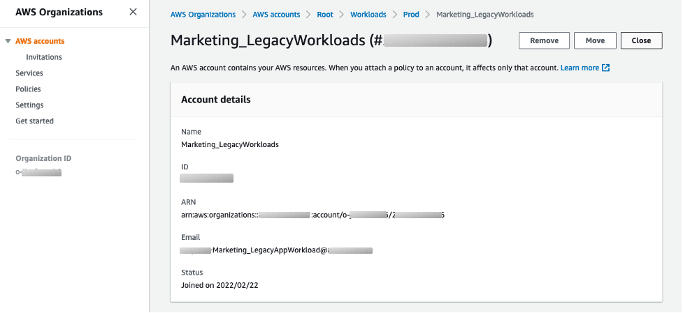 Close Account in Organizations console