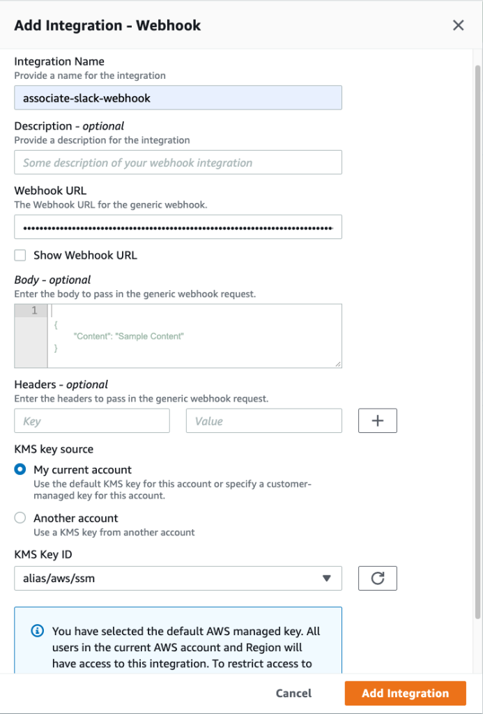 The two fields, Integration Name and Webhook URL, should be filled out appropriately, and the remaining fields left blank or existing defaults kept the same.