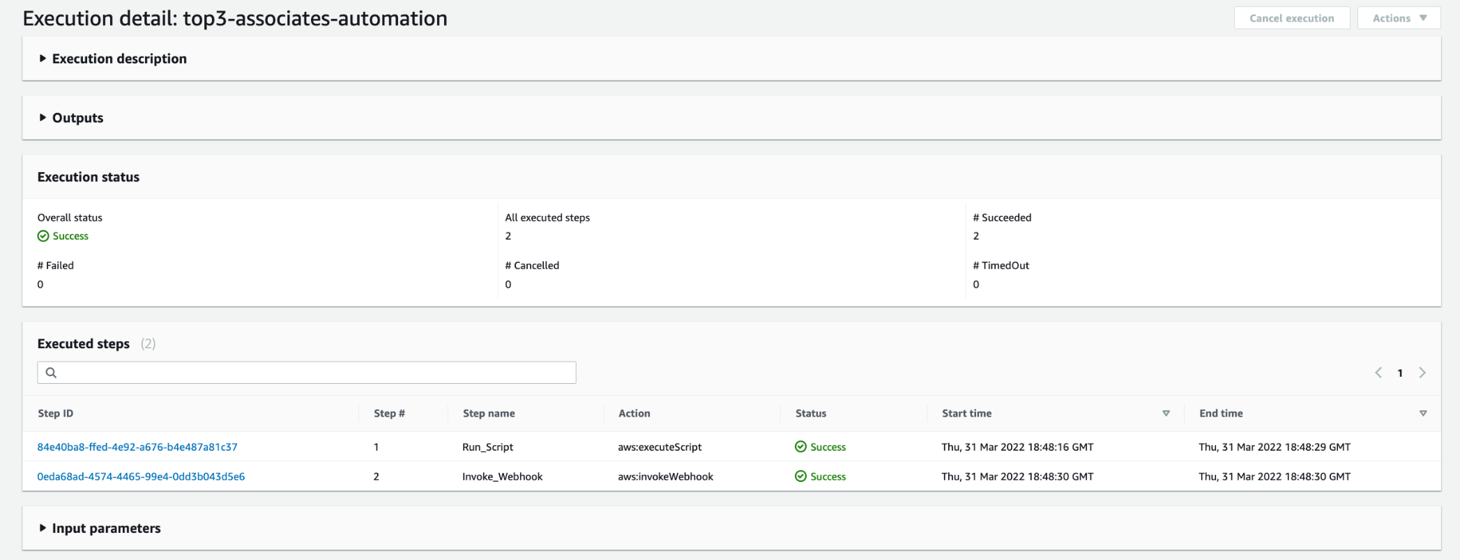 The summary lists the Overall status as Success, and the two executed steps, Run_Script and Invoke_Webhook, also have the Success status.