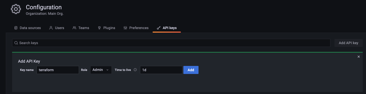Figure 2. Adding a new API Key on Amazon Managed Grafana