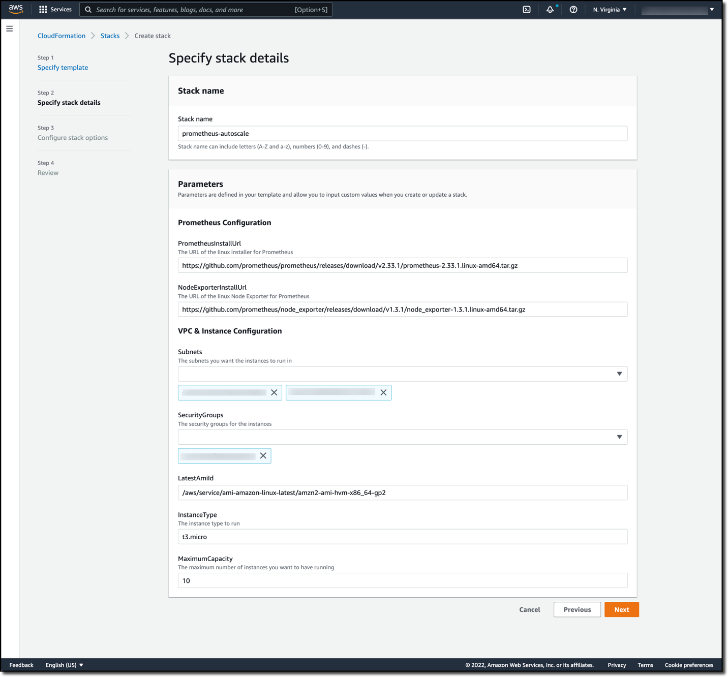This is the CloudFormation stack details screen, where the stack name has been set as prometheus-autoscale. The stack parameters include a URL of the Linux installer for Prometheus, the URL for the Linux Node Exporter for Prometheus, the subnets and security groups used in the solution, the AMI and instance type to use, and the maximum capacity of the Amazon EC2 Auto Scaling group.]
