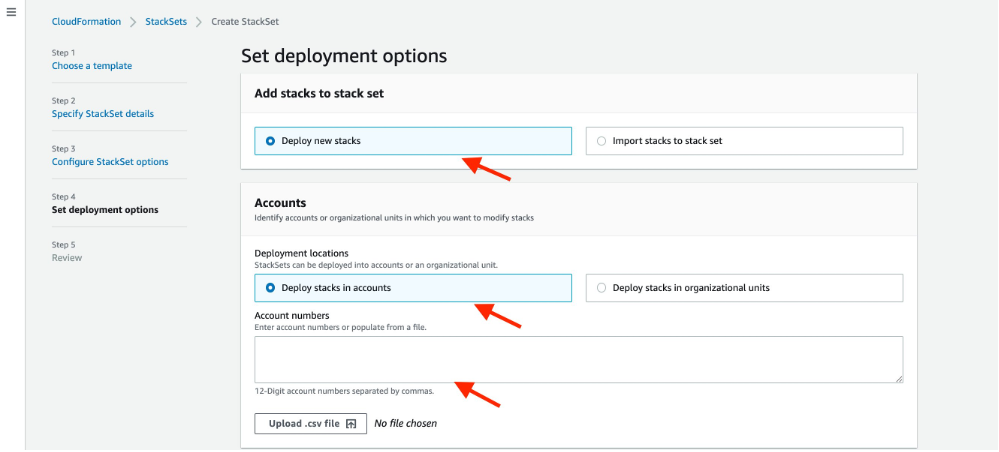 Demonstration of choosing deployment locations and where to provide account ids. 