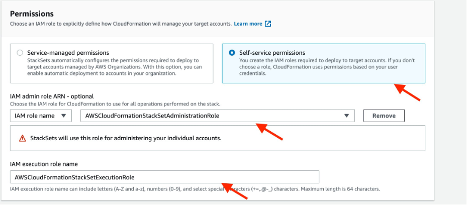 Demonstration of configuring the self-managed permissions IAM admin ARN and execution role name.