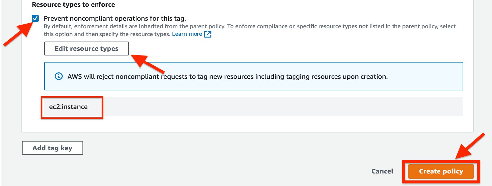 Illustrates how to enforce the tag compliance for the ec2:instance resource type.