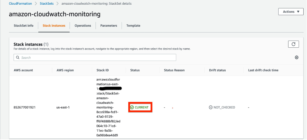 Illustrates successful Stackset completion with a status of CURRENT.