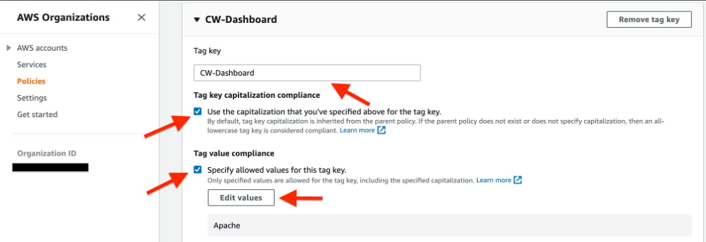 Shows Tag key to enter, and how to enforce compliance by specifying allowed values for the key.