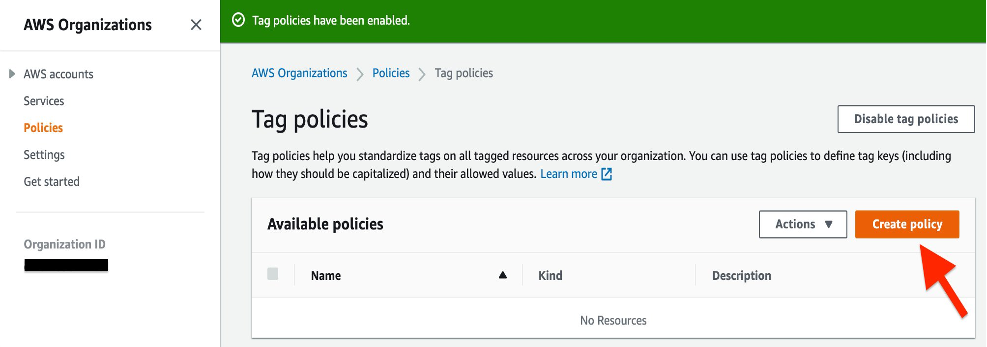 Illustrates how to create Tag policies from the AWS Organizations console.