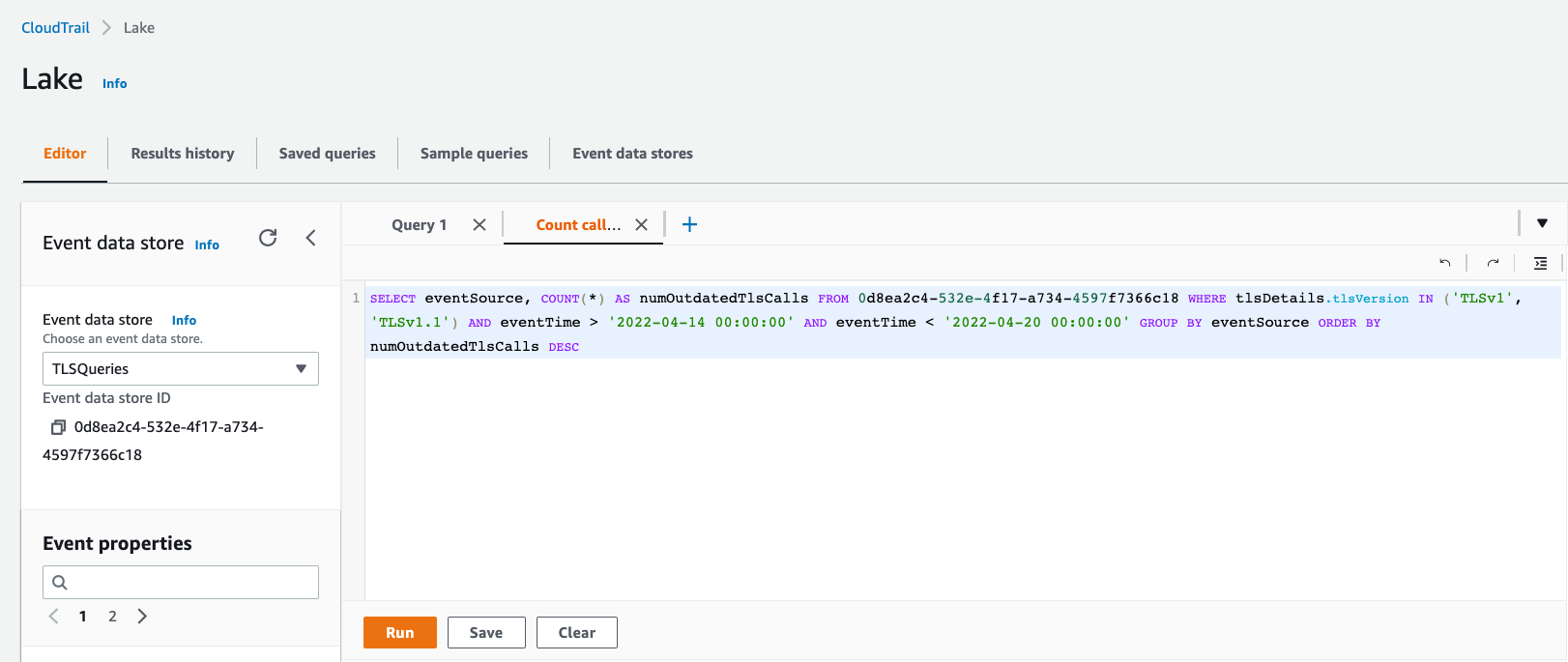 Figure 2: Sample Query in CloudTrail Lake Editor