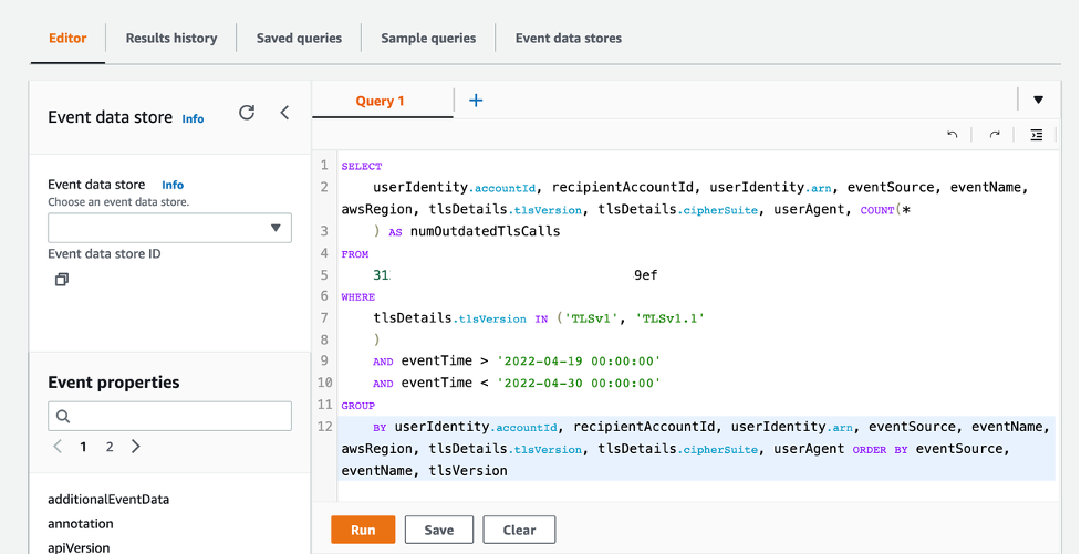 Figure 4: To Run SQL Query for granular view in CloudTrail Lake Editor