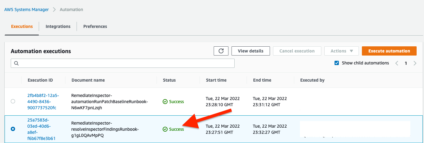 Figure 11: Systems Manager Automation execution status