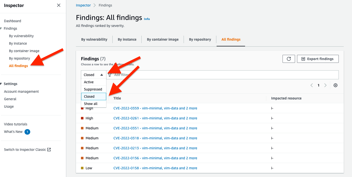 Figure 12: Amazon Inspector console for closed finding.