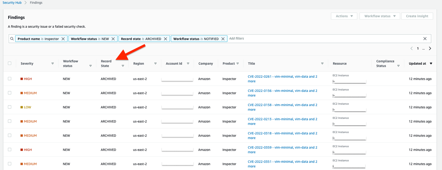 Figure 13: Security Hub finding record state set to Archived