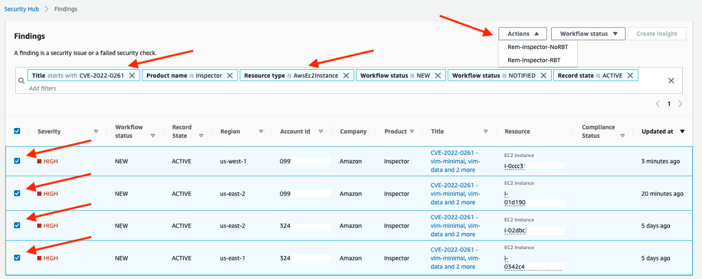 Figure 2; Selecting multiple Amazon Inspector findings for remediation in Security Hub 