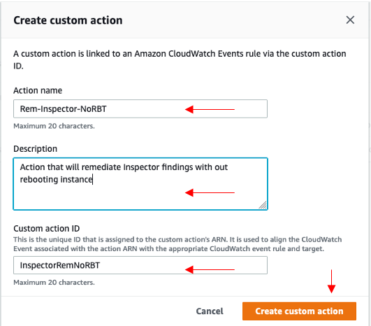 Figure 4: Create Security Hub custom action for remediating findings without instance reboot