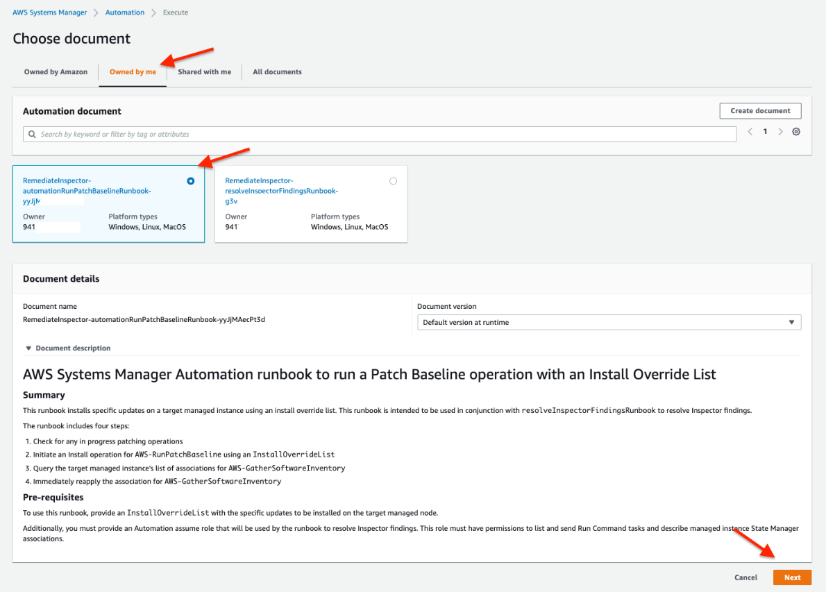 Figure 3: Systems Manager Automation choose document page