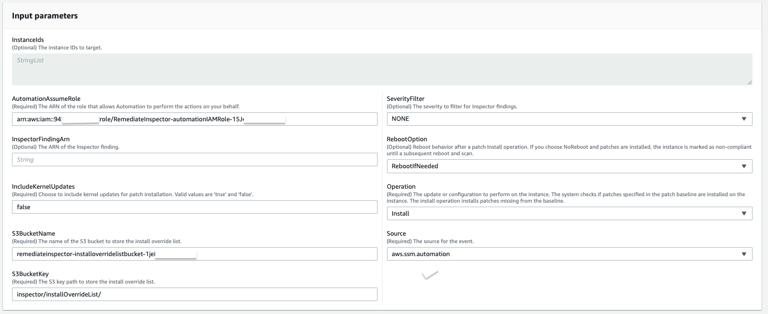 Figure 7: Systems Manager Automation document input parameter section