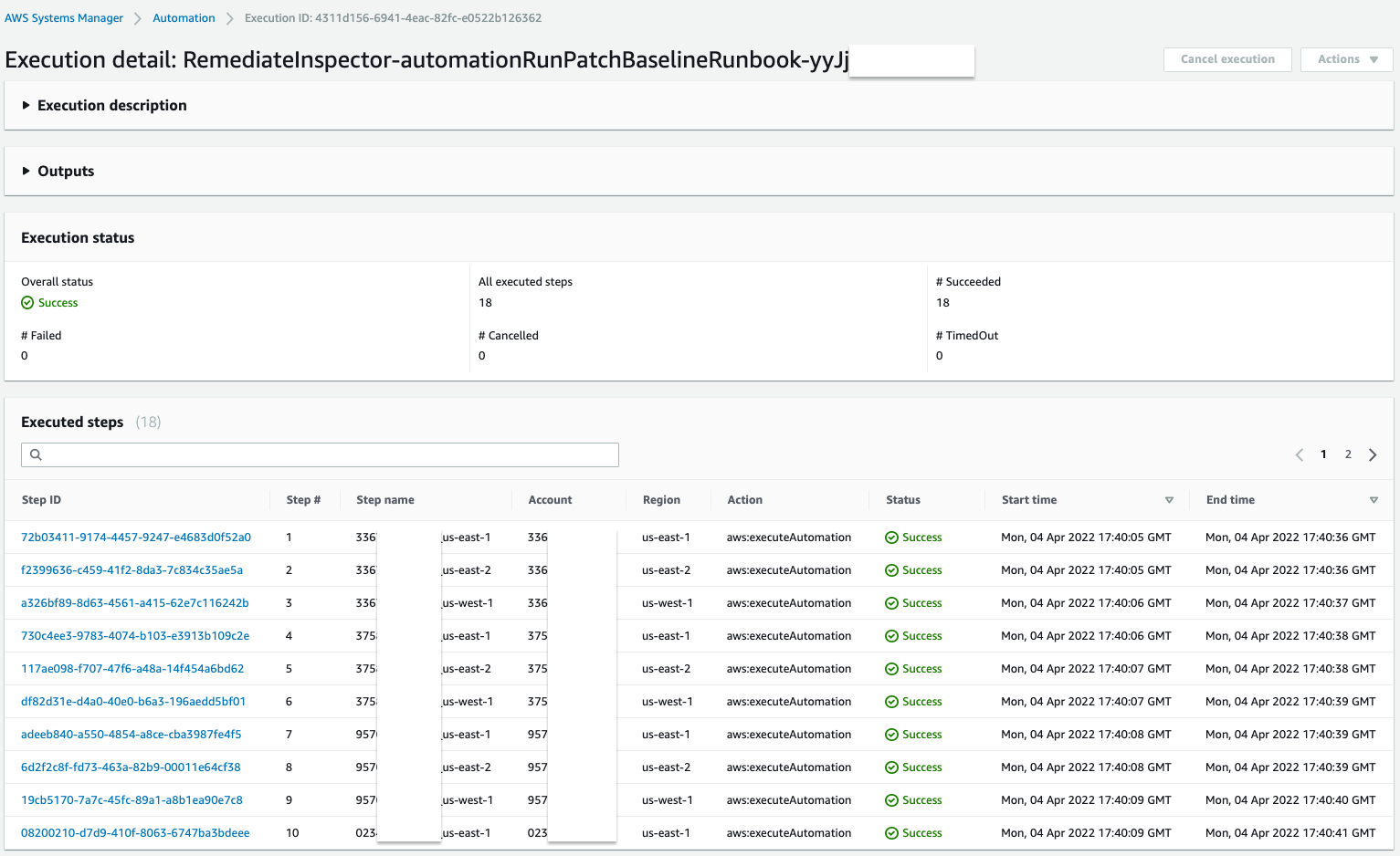 Figure 8: Systems Manager Automation execution status detail page