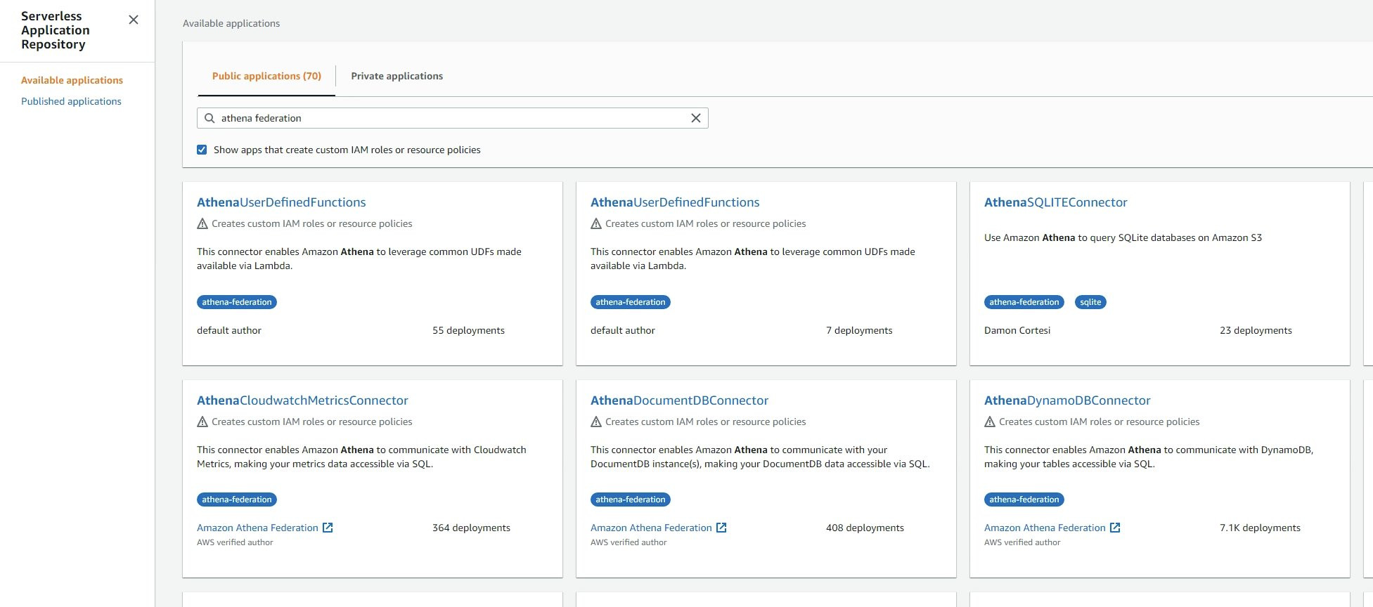 Select the&nbsp;“AthenaDynamoDBConnector”&nbsp;application: