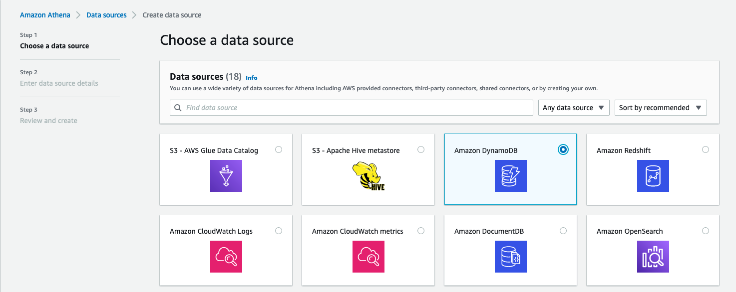 Name the data source “dynamo”, and select the Lambda function created by the “AthenaDynamoDBConnector” Serverless application: