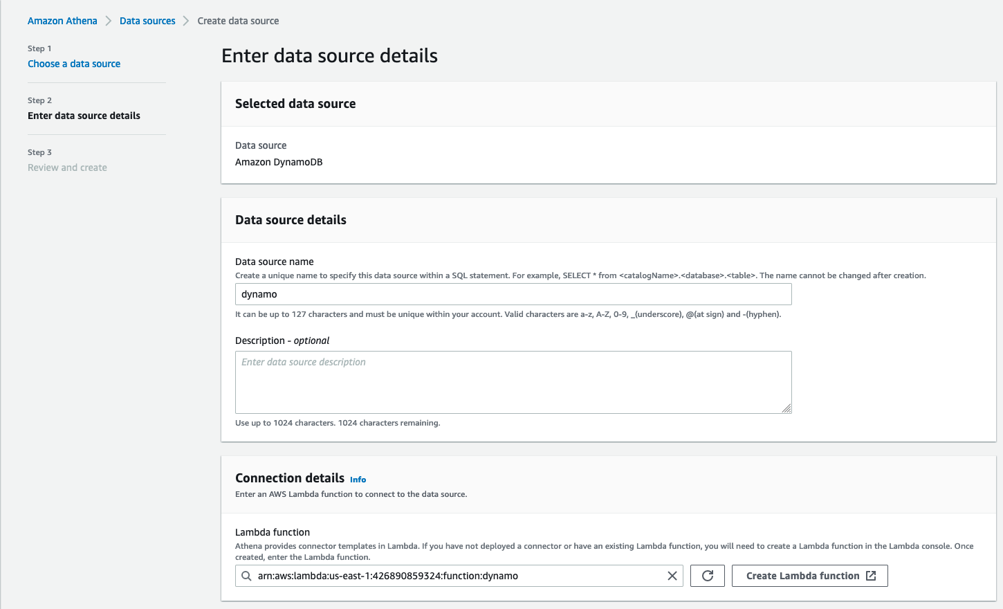 The data source will be created with the associated “default” database: