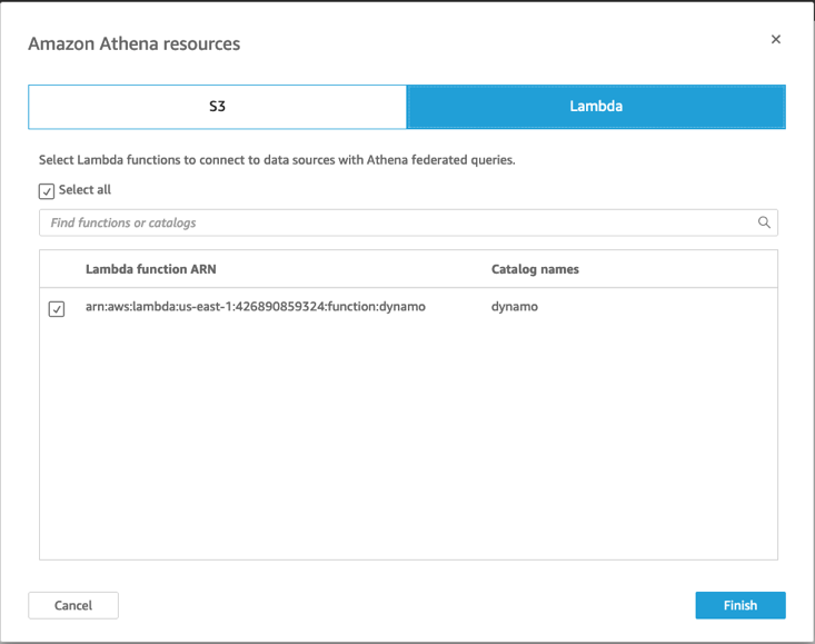 Deselect and select "Amazon Athena", then select “Next”. Once prompted, select "Lambda", and select the DynamoDB connector Lambda.
