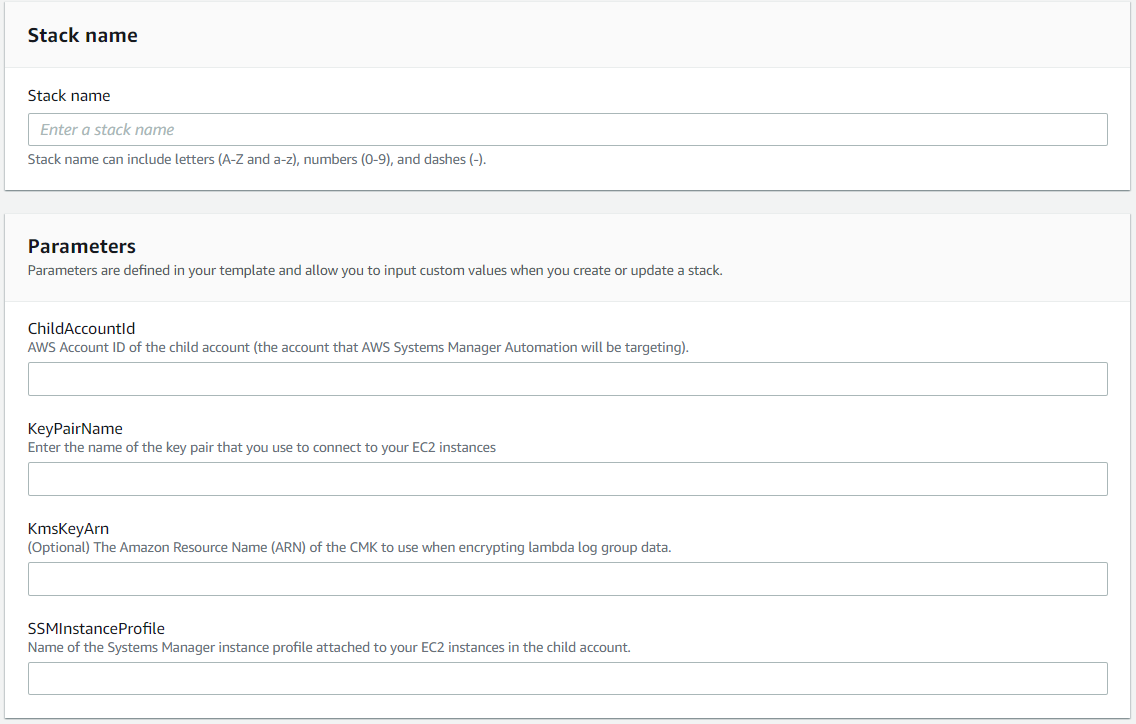 Image shows CloudFormation console Step 2 “Specify stack details” of Create Stack, in the parent account.