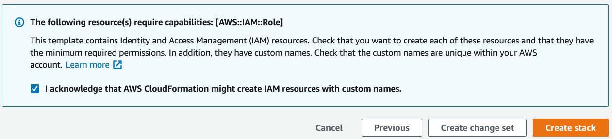 Image shows CloudFormation IAM capabilities acknowledgement.